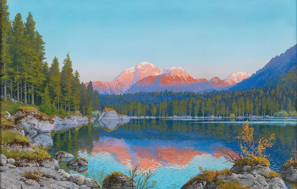 Картинка лес, пейзаж, горы, озеро, рассвет, берег, Rudolf Reschreither
