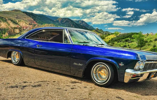 Картинка Chevrolet, Шевроле, синяя, Blue, Импала, Impala, Lowrider, Супер спорт, '1965, низкий ездок