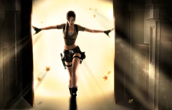 Картинка девушка, фантастика, пистолеты, дверь, храм, Tomb Raider, Лара Крофт, кленовые листья, желтый оттенок света
