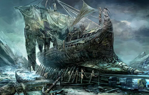 Картинка корабль, разрушения, сумрак, заброшенное, якорь, the Witcher, проклятое место, рваные паруса