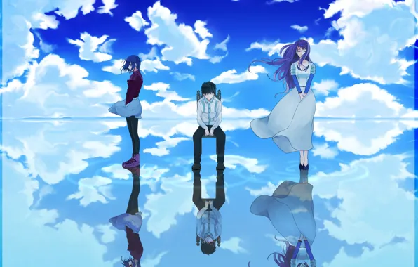 Картинка небо, вода, облака, отражение, девушки, аниме, арт, парень, токийский гуль, kirishima touka, tokyo ghoul, kaneki …