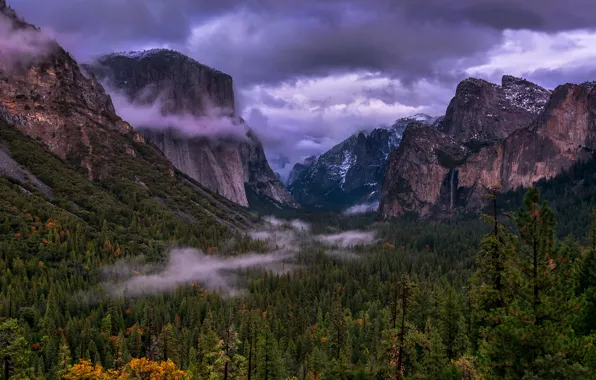 Картинка облака, деревья, пейзаж, горы, природа, Калифорния, дымка, USA, США, Yosemite, Национальный парк Йосемити, Yosemite National …