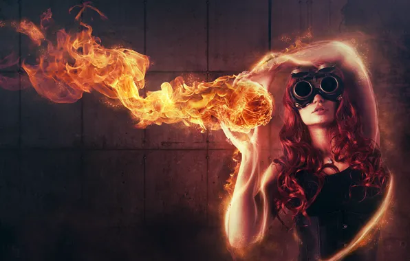 Картинка девушка, абстракция, огонь, очки, рыжая