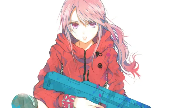 Картинка язык, куртка, автомат, белый фон, art, розовые волосы, haruaki fuyuno, gun &amp; girl, seifuku shojo …