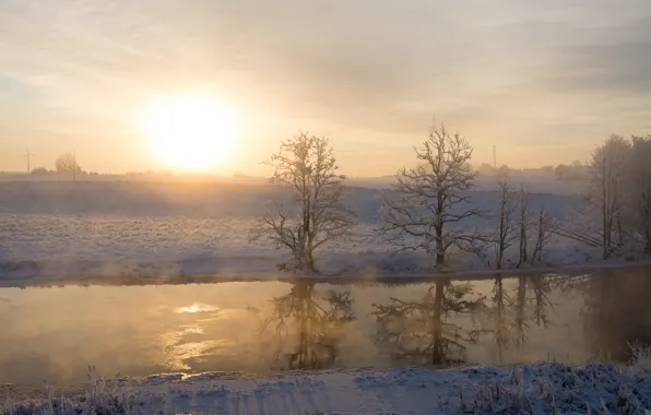Картинка зима, пейзаж, река, утро