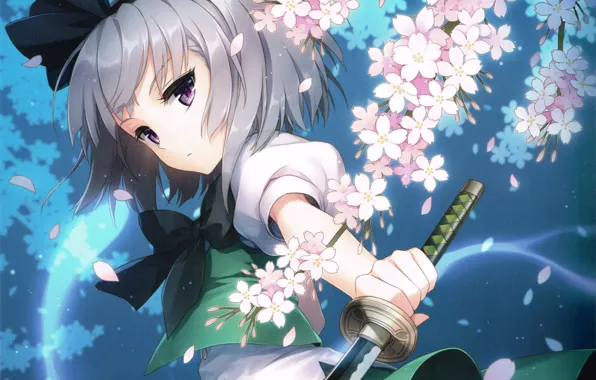 Картинка девушка, цветы, оружие, катана, аниме, сакура, арт, touhou, konpaku youmu, an2a