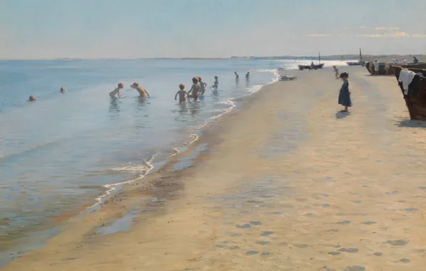 Картинка песок, море, пляж, небо, дети, лодка, картина, купание, жанр, Peder Severin Krøyer
