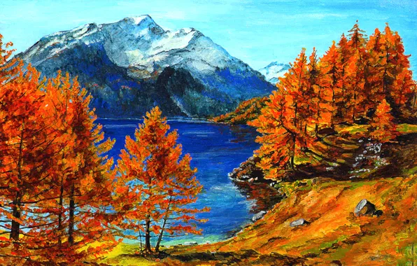 Картинка осень, деревья, пейзаж, горы, рисунок, картина