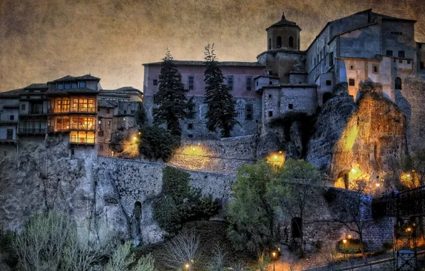 Картинка ночь, огни, замок, стены, HDR, дома, фонари, Испания, Cuenca