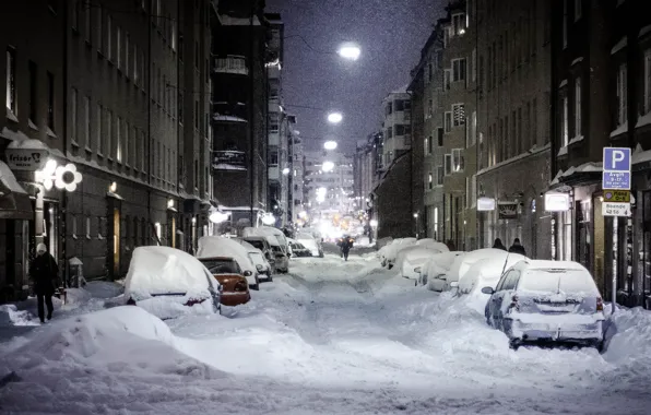 Картинка ночь, город, улица, фонари, снегопад