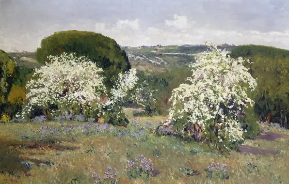 Картинка деревья, пейзаж, цветы, холмы, картина, весна, кусты, Aureliano de Beruete y Moret, Цветение Боярышника