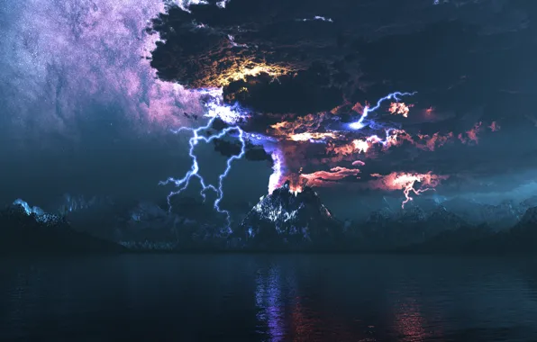 Картинка ночь, молнии, вулкан, извержение, digital, Dodenfell