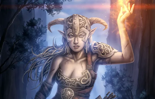 Картинка девушка, огонь, магия, шлем, Elder Scrolls V: Skyrim