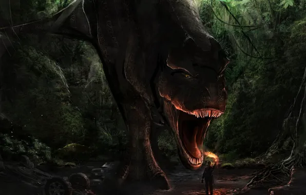 Картинка лес, огонь, опасность, человек, динозавр, арт, пасть, факел, T-Rex