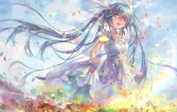 Картинка небо, девушка, облака, радость, цветы, аниме, арт, vocaloid, hatsune miku, avamone