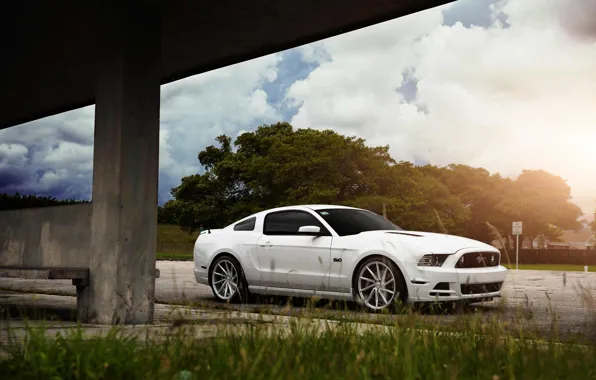 Картинка Mustang, Ford, Muscle, Car, Front, Sun, White, CVT, Vossen, Wheels