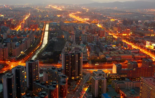 Картинка lights, огни, China, здания, Китай, Beijing, buildings, Пекин, cityscape midnight, городской пейзаж полуночи