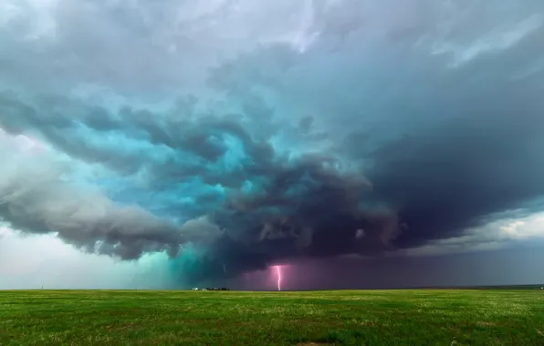Картинка тучи, шторм, молния, поля, Колорадо, США, ферма, равнины