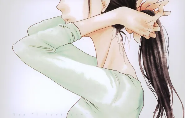 Картинка серый фон, длинные волосы, шея, в профиль, руки за головой, Say i love you, Asami …