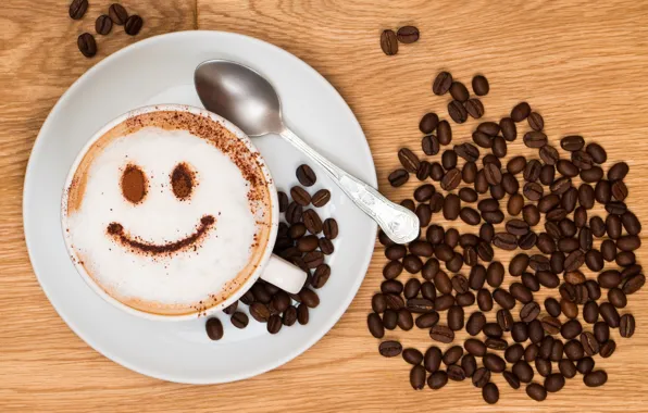 Картинка радость, улыбка, фон, обои, настроения, кофе, зерна, тарелка, чашка, wallpaper, капучино, smile, широкоформатные, background, coffee, …