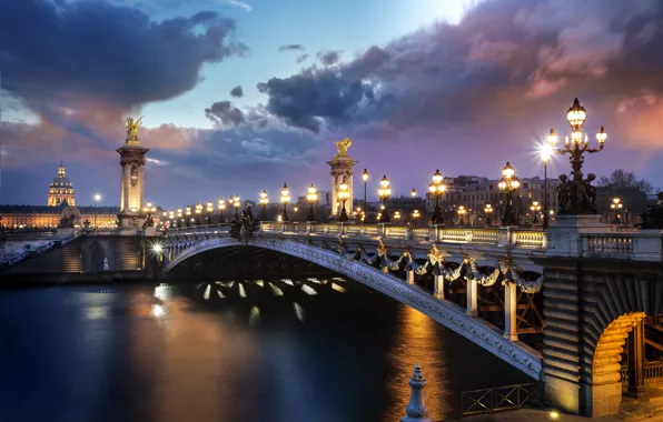 Картинка мост, огни, река, Франция, Париж, вечер, фонари