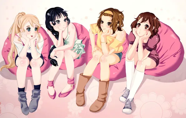 Картинка группа, аниме, девочка, друзья, akiyama mio, k-on, подруги, tainaka ritsu, hirasawa yui, kotobuki tsumugi