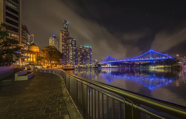 Картинка ночь, огни, река, небоскребы, Австралия, мегаполис, Брисбен, Квинсленд, Story-bridge