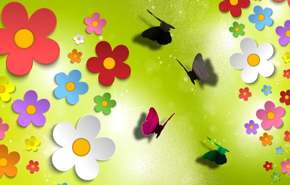 Картинка свет, цветы, бабочка, блеск, блик, объем, аппликация