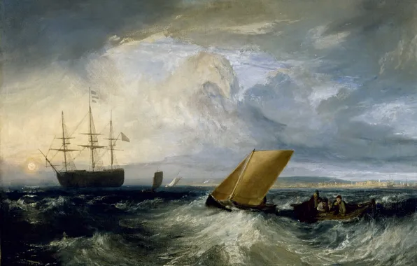 Картинка море, шторм, лодка, корабль, картина, парус, морской пейзаж, Уильям Тёрнер, Sheerness as seen from the …