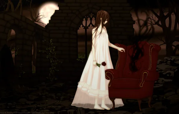 Картинка деревья, ночь, луна, роза, кресло, заброшенное здание, vampire knight, yuuki cross
