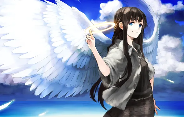 Картинка море, девушка, облака, крылья, ангел, арт, нимб, chirigami-san