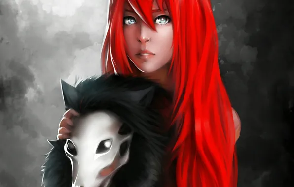 Картинка девушка, волосы, маска, красные