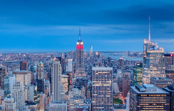 Картинка USA, skyline, blue, New York, Manhattan, NYC, New York City, evening, Empire State Building, skyscrapers, …