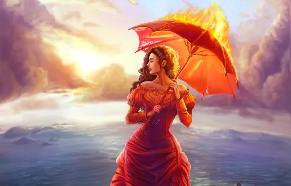 Картинка море, девушка, тучи, лицо, зонтик, огонь, волосы, арт, профиль, живопись, красное платье