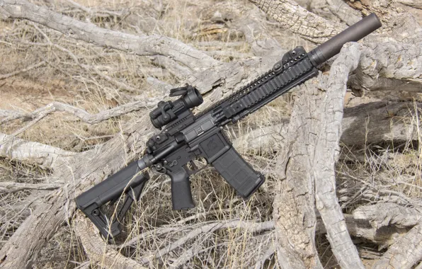 Картинка трава, ветки, автомат, assault rifle, AR-15, штурмовая винтовка