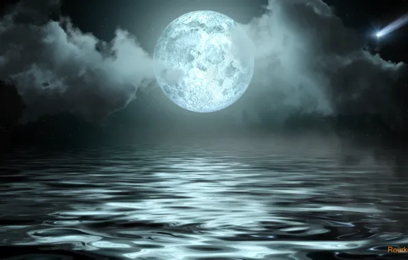 Картинка космос, ночь, луна, планета, лунная ночь, photoshop