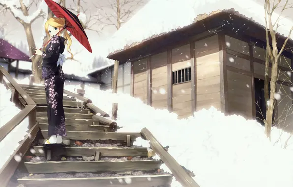 Картинка зима, снег, зонт, Япония, лестница, кимоно, art, деревянный домик, Sayonara Zetsubou Sensei, унылый учитель, Прощай, …