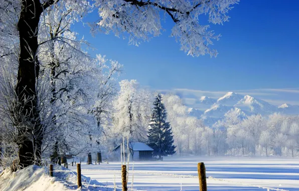 Картинка зима, небо, снег, пейзаж, природа, дом, house, white, sky, landscape, nature, beautiful, winter, snow, scenery, …