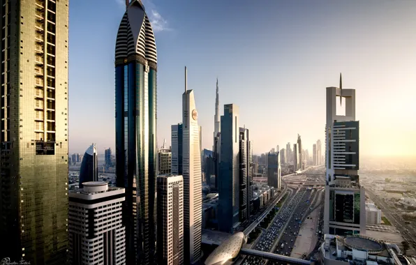 Картинка город, дома, вечер, Дубай, Dubai, ОАЭ, Автомагистраль имени шейха Заеда