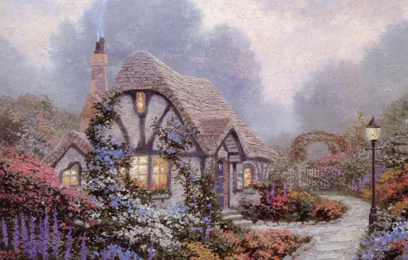Картинка небо, облака, цветы, дом, сад, фонарь, живопись, коттедж, синие, Thomas Kinkade, васильковый цвет, Chandler`s Cottage
