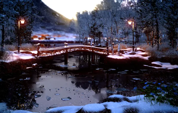 Картинка иней, снег, деревья, мост, отражение, река, лёд, фонари, bridge snow