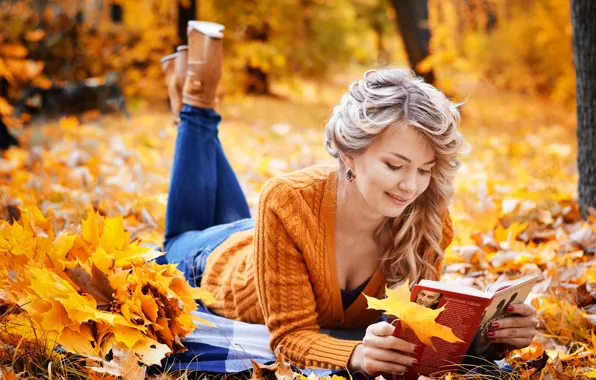 Картинка осень, девушка, листва, книга