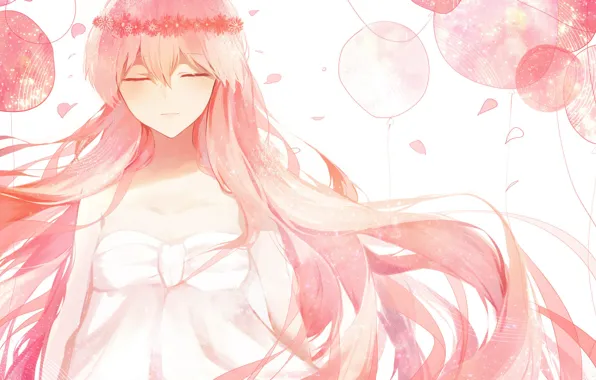 Картинка девушка, цветы, воздушные шары, арт, Аниме, Anime, венок, вокалоид, розовые волосы, vokaloid, Megurine Luka