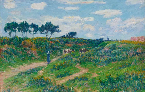 Картинка пейзаж, картина, Дорога через пустошь в Бретани, Анри Море