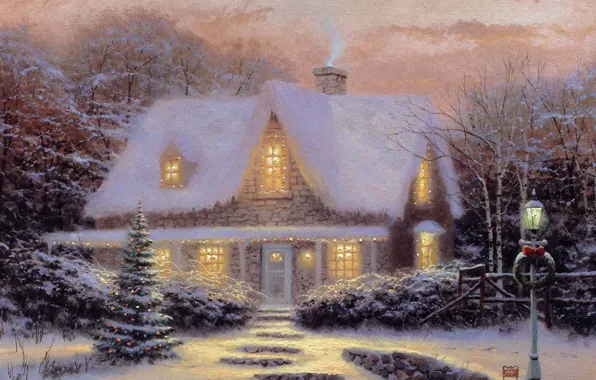 Картинка зима, закат, игрушки, елка, вечер, Рождество, домик, Thomas Kinkade, кинкейд, CHRISTMAS, COTTAGE, Christmas Eve