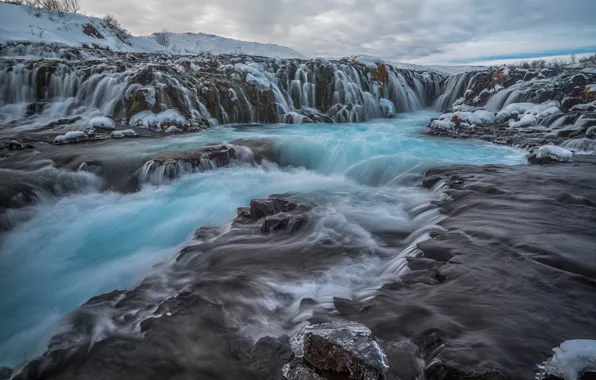Картинка облака, пейзаж, природа, камни, скалы, водопад, поток, Исландия, Iceland