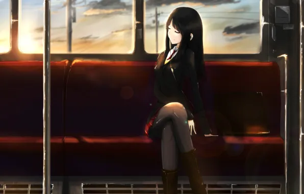 Картинка девушка, закат, улыбка, музыка, поезд, наушники, вагон, сидит, art, kikivi