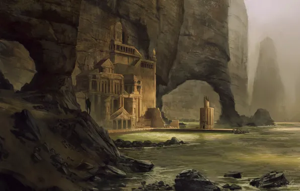 Картинка камни, скалы, берег, человек, храм, Atlantean haven