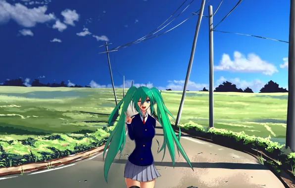 Картинка дорога, небо, облака, газон, столбы, волосы, арт, синее, Vocaloid, вокалоид, длинные, зелёные, Hatsune miku