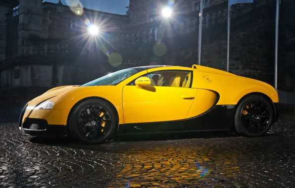 Картинка Bugatti, veyron, light, supercar, rain, yellow, drop, night, building, grand sport, middle east edition